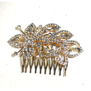 Hair Comb Barrette Gold Tone Clear Rhinestone Floral Elegant Design Prom Party
